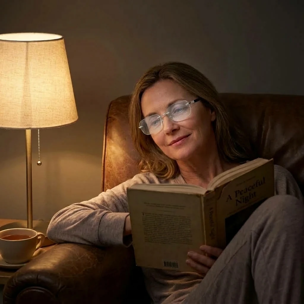 Woman relaxing in an armchair wearing Blue View Glasses in the evening
