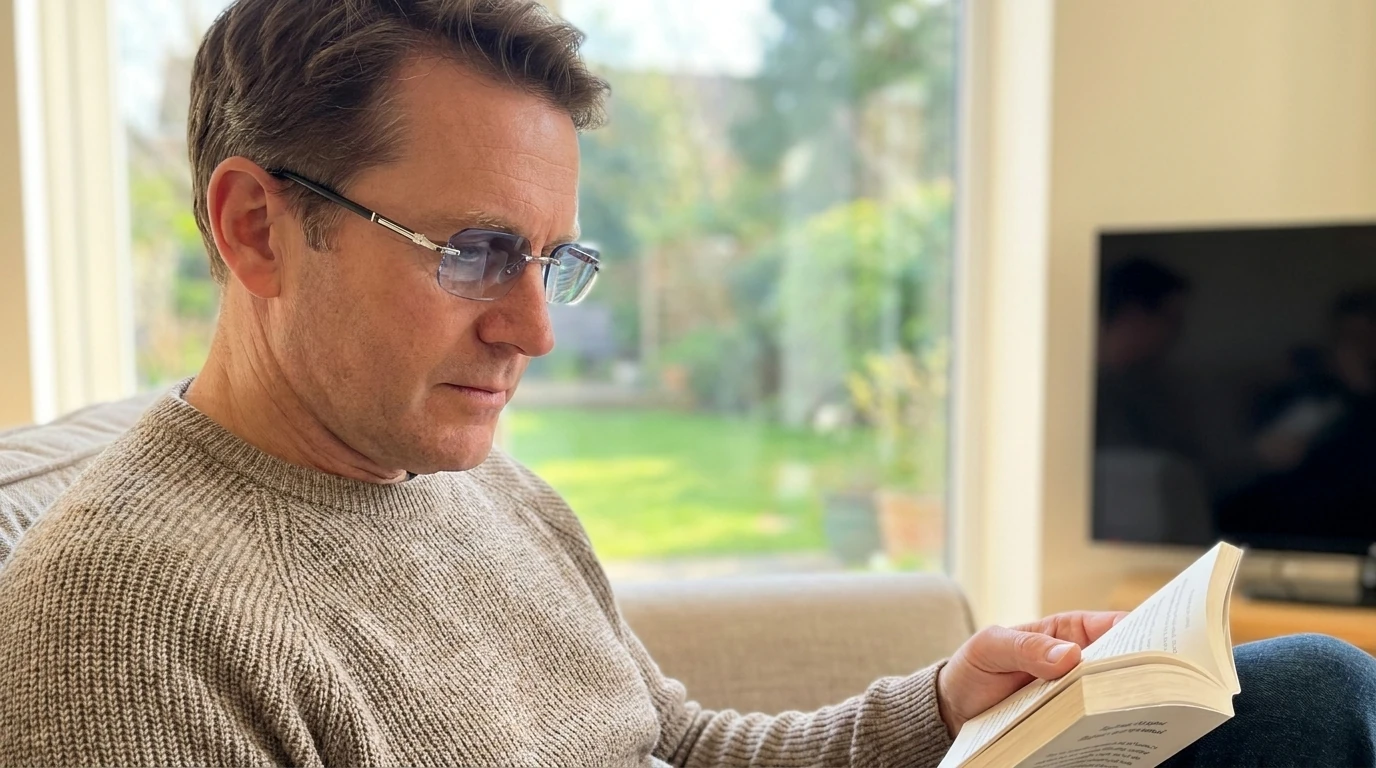 Man wearing Blue View Glasses reading comfortably at home