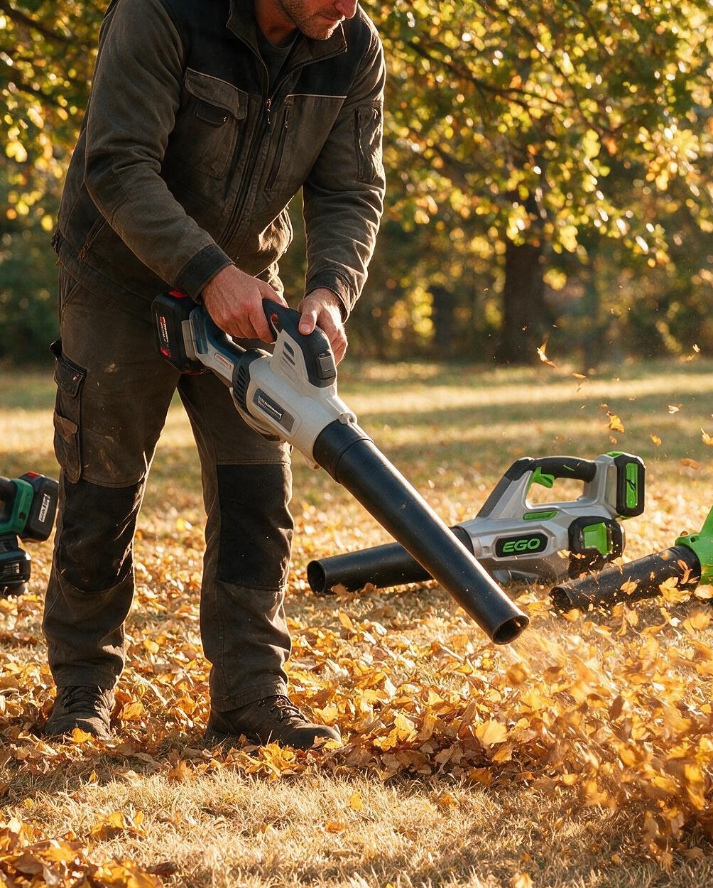Marcus Chen testing leaf blowers in the field