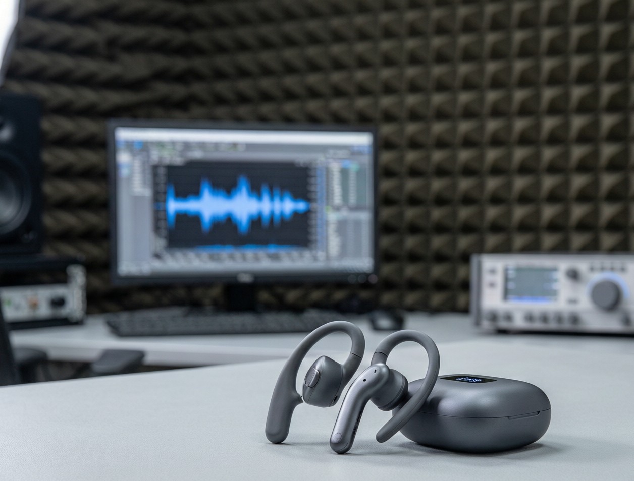 Open-ear headphones and charging case with smart battery display under test in the AWisePick acoustic lab