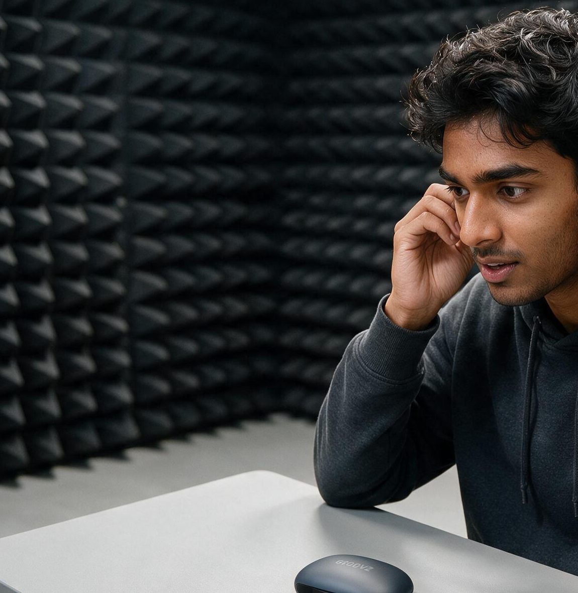 Nitin M. Chauhan testing open-ear headphones in the acoustic lab